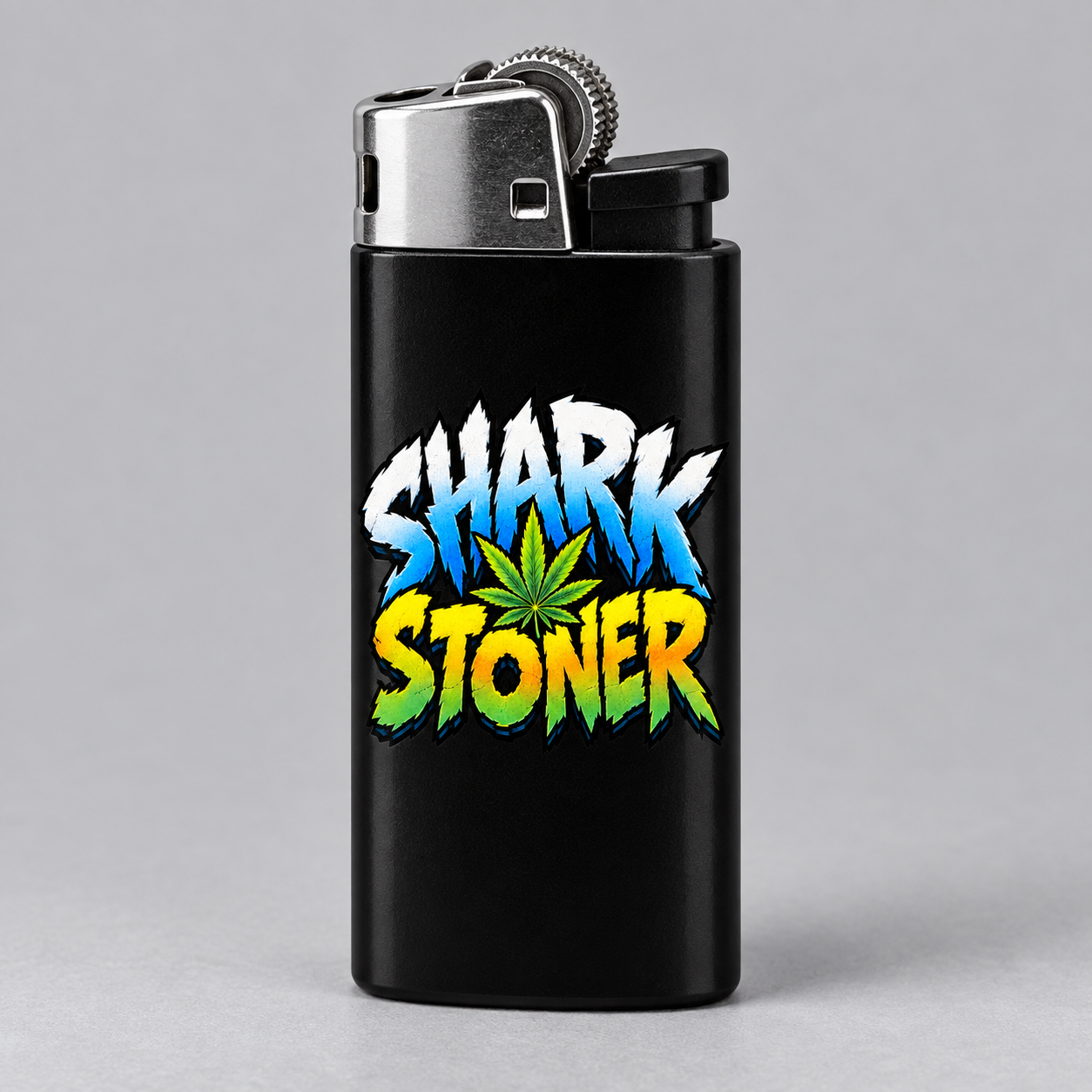 Black pocket lighter with the full-colour Shark Stoner logo, unlit