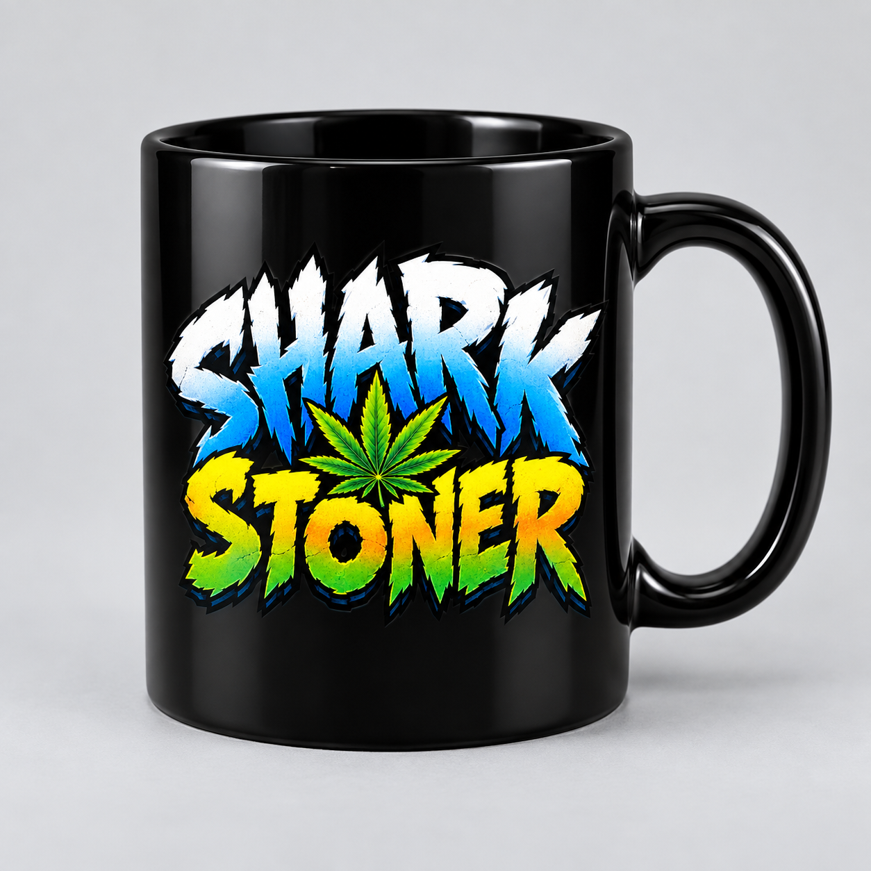 Black ceramic mug with the full-colour Shark Stoner logo
