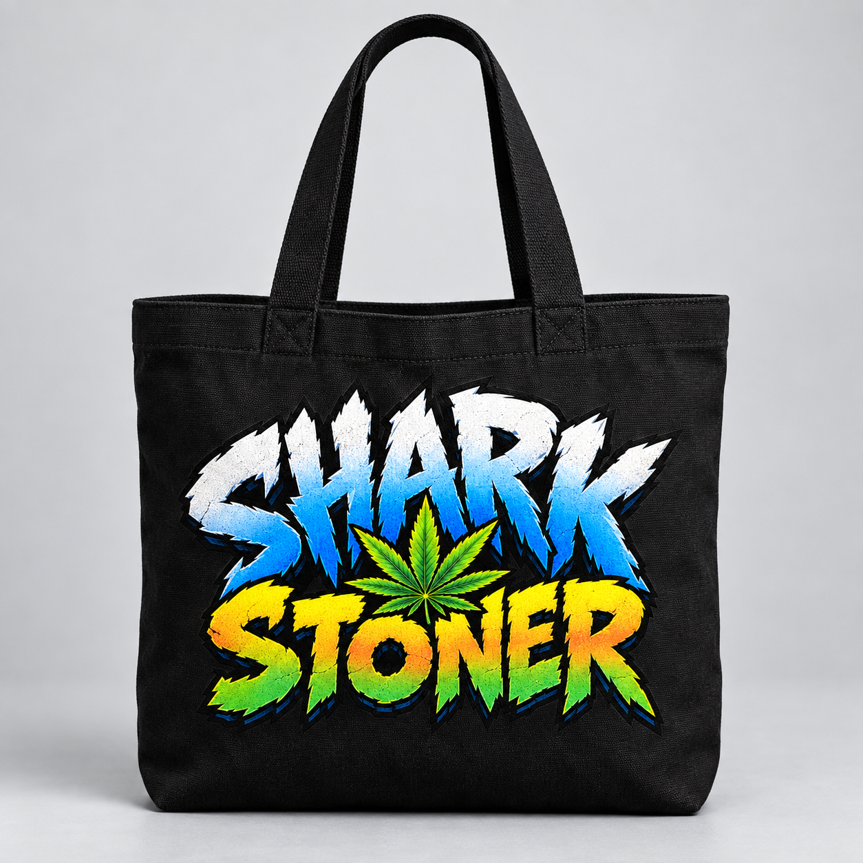Black tote bag with the full-colour Shark Stoner logo