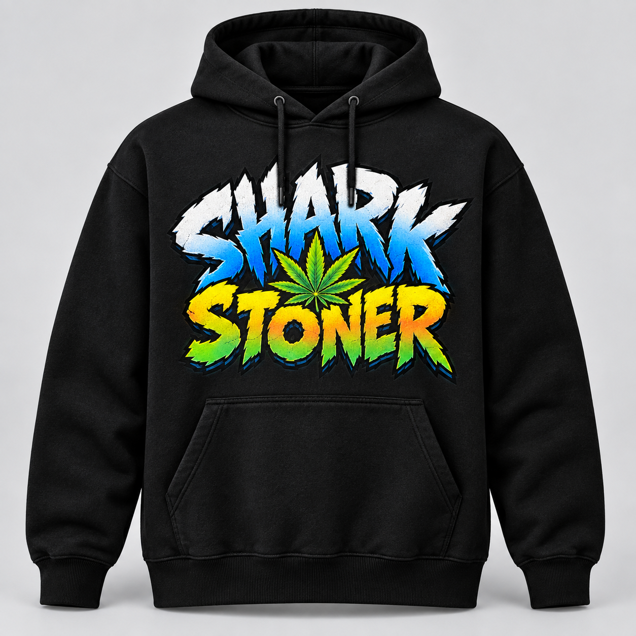 Black hoodie with the colourful Shark Stoner logo