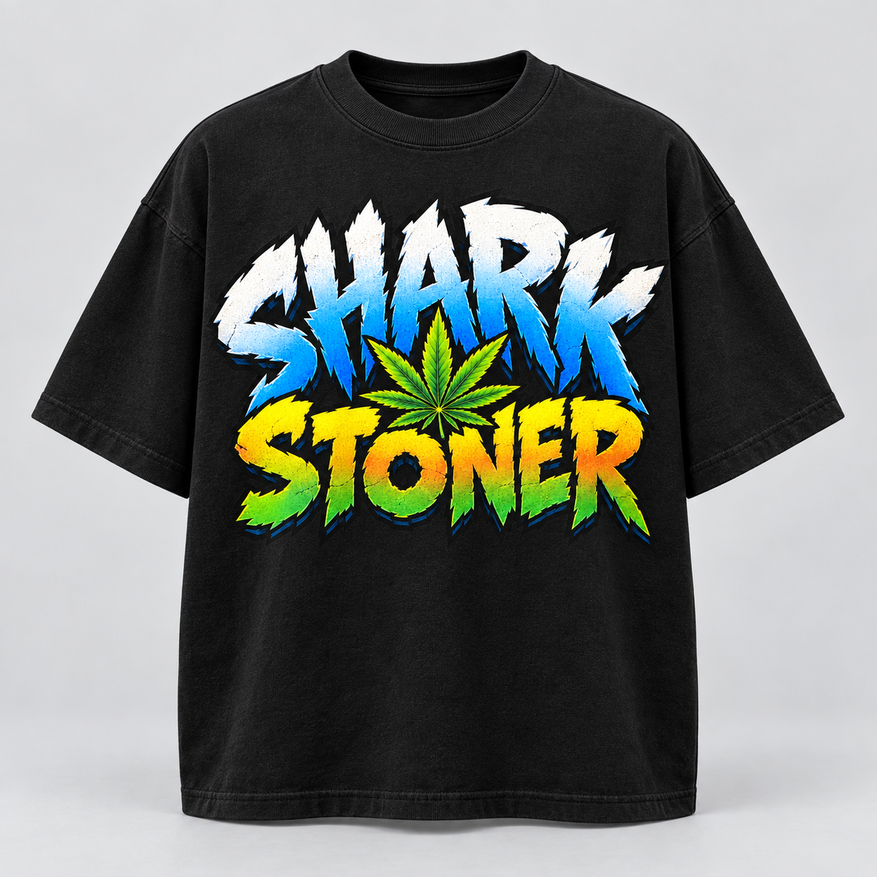 Black T-shirt with the colourful Shark Stoner logo