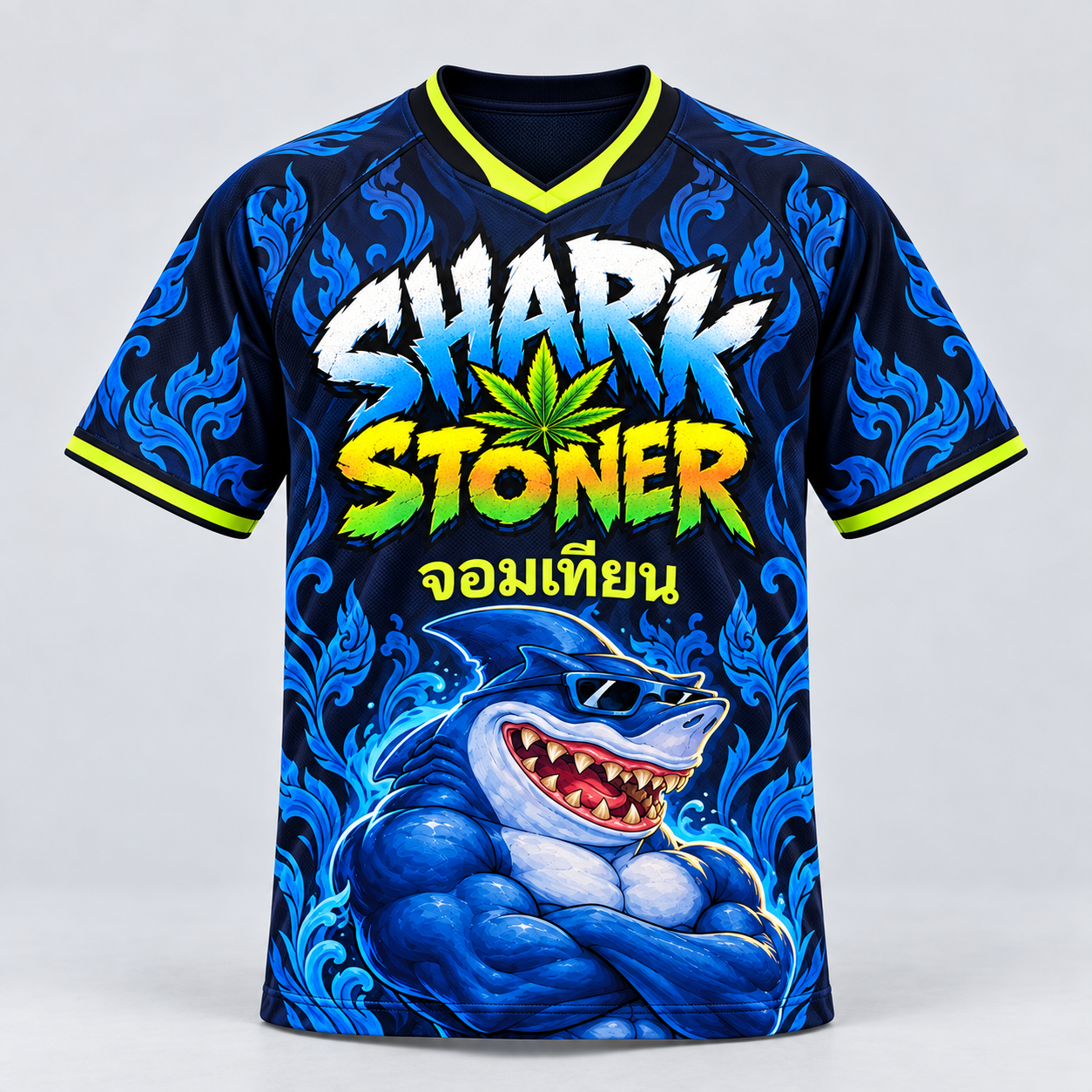Thai-style black and blue sports jersey with Shark Stoner branding and Jomtien lettering