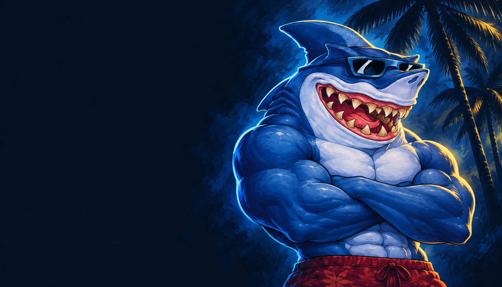 The blue Shark Stoner mascot wearing sunglasses in a dark tropical setting